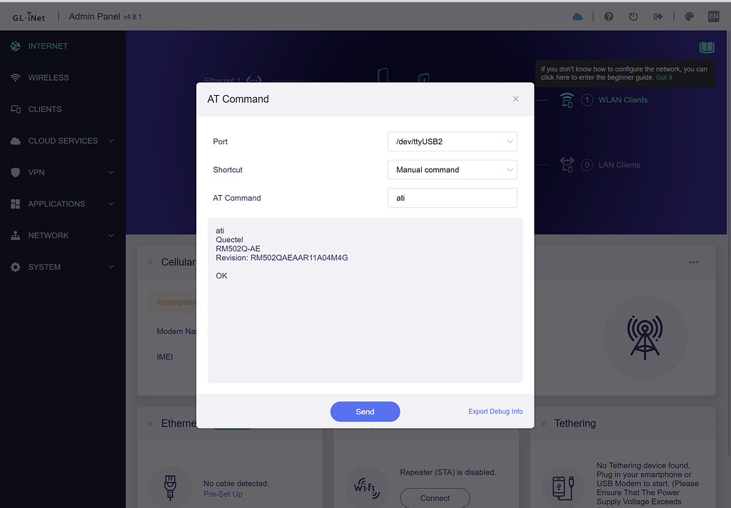 Modem At Command Set Modem won't get recognized by admin panel,but AT command works ...